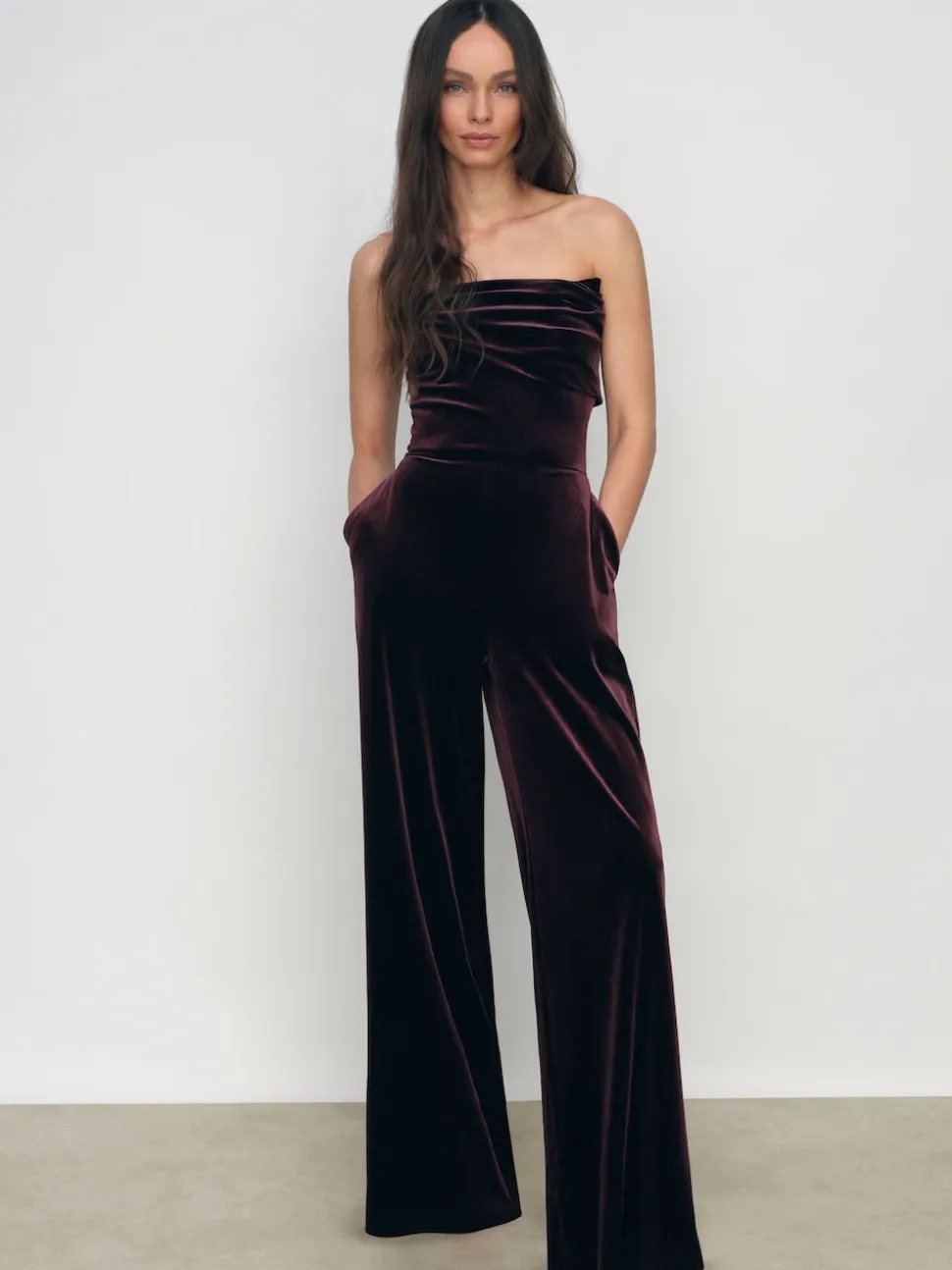 Reiss Burgundy Andria Velvet Drape Strapless Jumpsuit