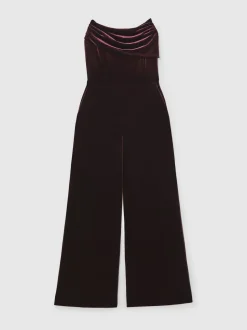 Reiss Burgundy Andria Velvet Drape Strapless Jumpsuit