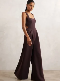 Reiss Burgundy Dion Petite Wide-Leg Cut-Out Jumpsuit