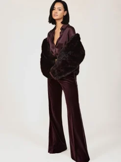 Reiss Burgundy Elia Petite Velvet Tuxedo-Stripe Flared Trousers