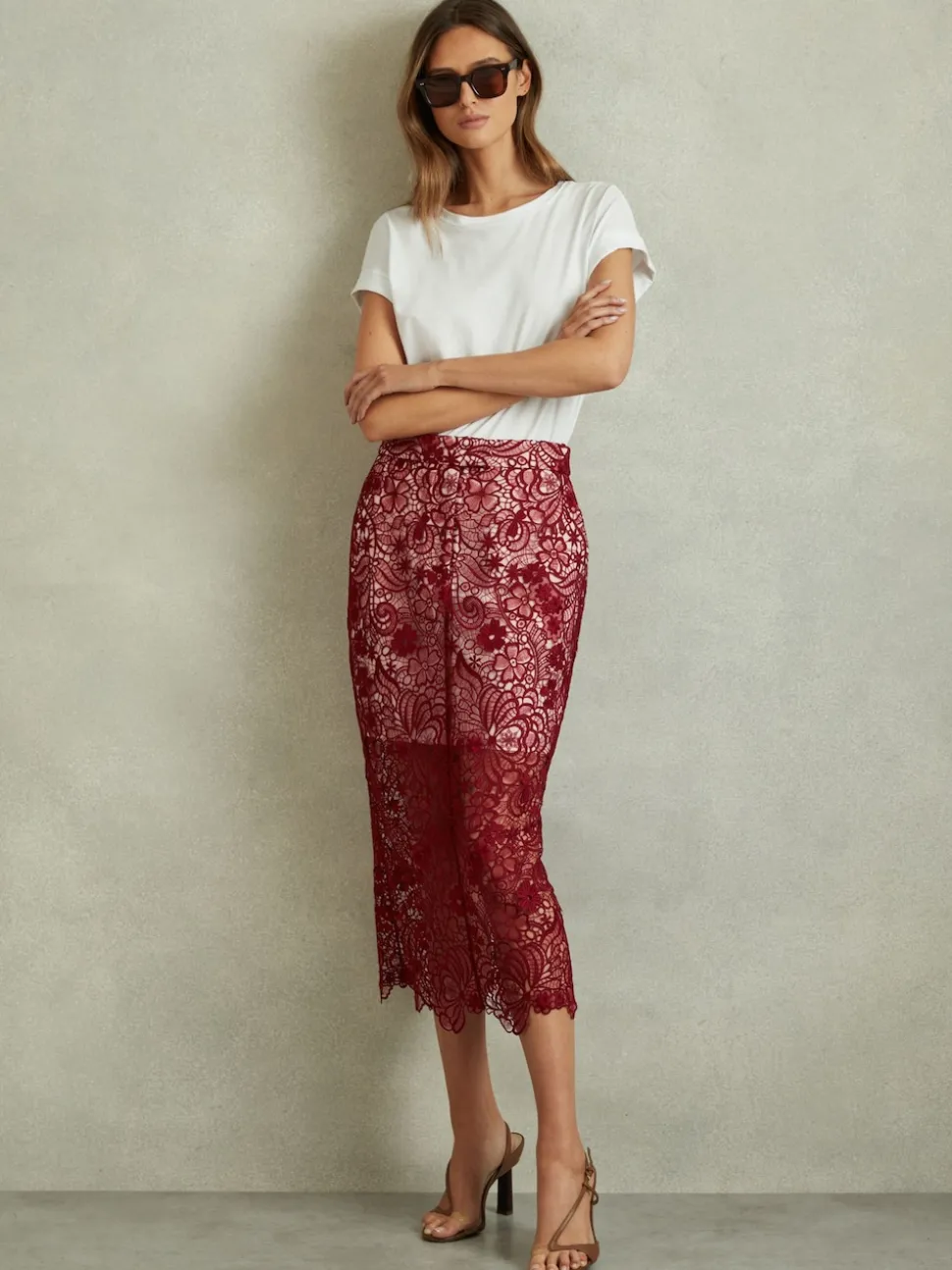 Reiss Burgundy Flo Sheer Lace Midi Pencil Skirt