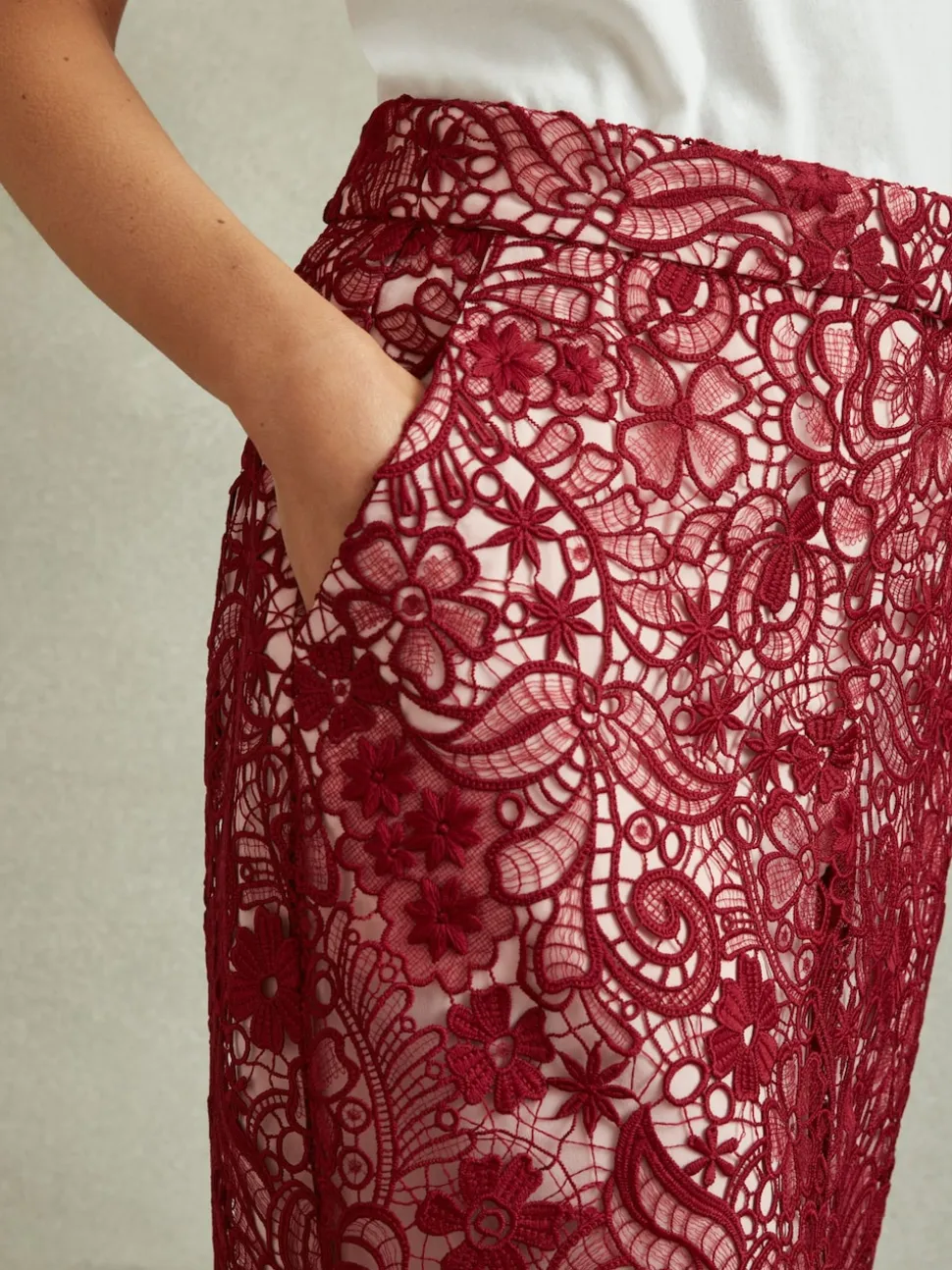 Reiss Burgundy Flo Sheer Lace Midi Pencil Skirt