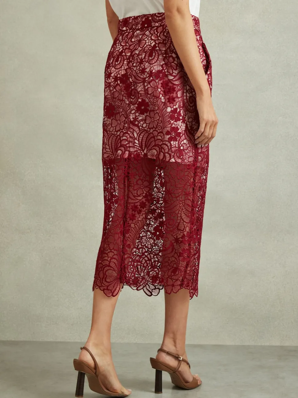 Reiss Burgundy Flo Sheer Lace Midi Pencil Skirt
