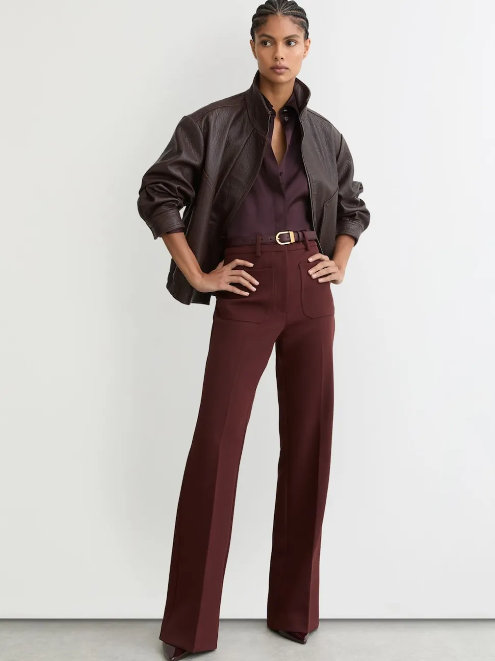 Reiss Burgundy Hazel Leather Curved-Buckle Belt