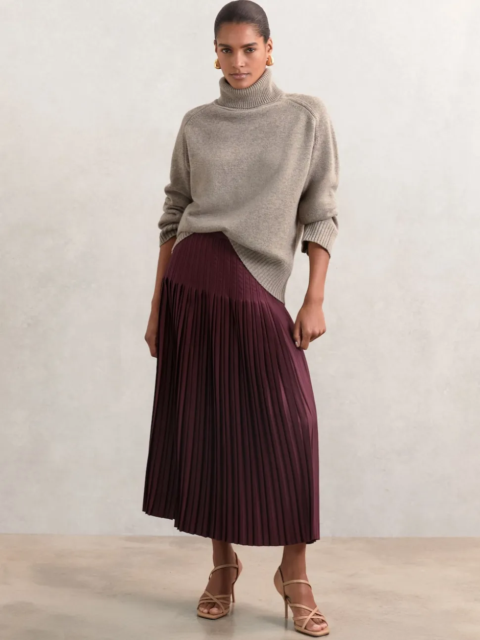 Reiss Burgundy Savannah Pleated Midi Skirt