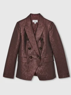 Reiss Burgundy Sienna Double-Breasted Metallic Suit Blazer with Cotton