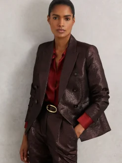 Reiss Burgundy Sienna Double-Breasted Metallic Suit Blazer with Cotton