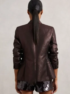 Reiss Burgundy Sienna Double-Breasted Metallic Suit Blazer with Cotton