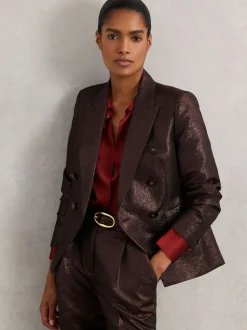 Reiss Burgundy Sienna Petite Double-Breasted Metallic Suit Blazer with Cotton