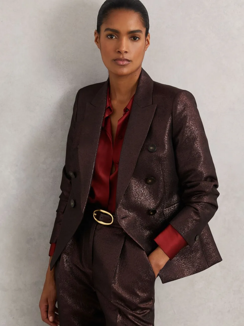 Reiss Burgundy Sienna Petite Double-Breasted Metallic Suit Blazer with Cotton