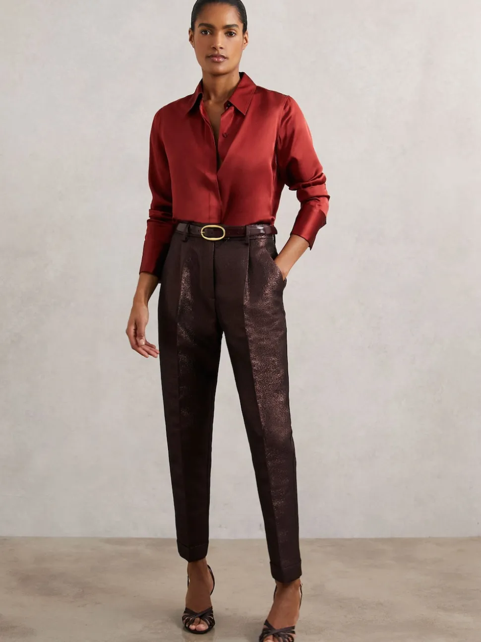 Reiss Burgundy Sienna Tapered Metallic Suit Trousers with Cotton