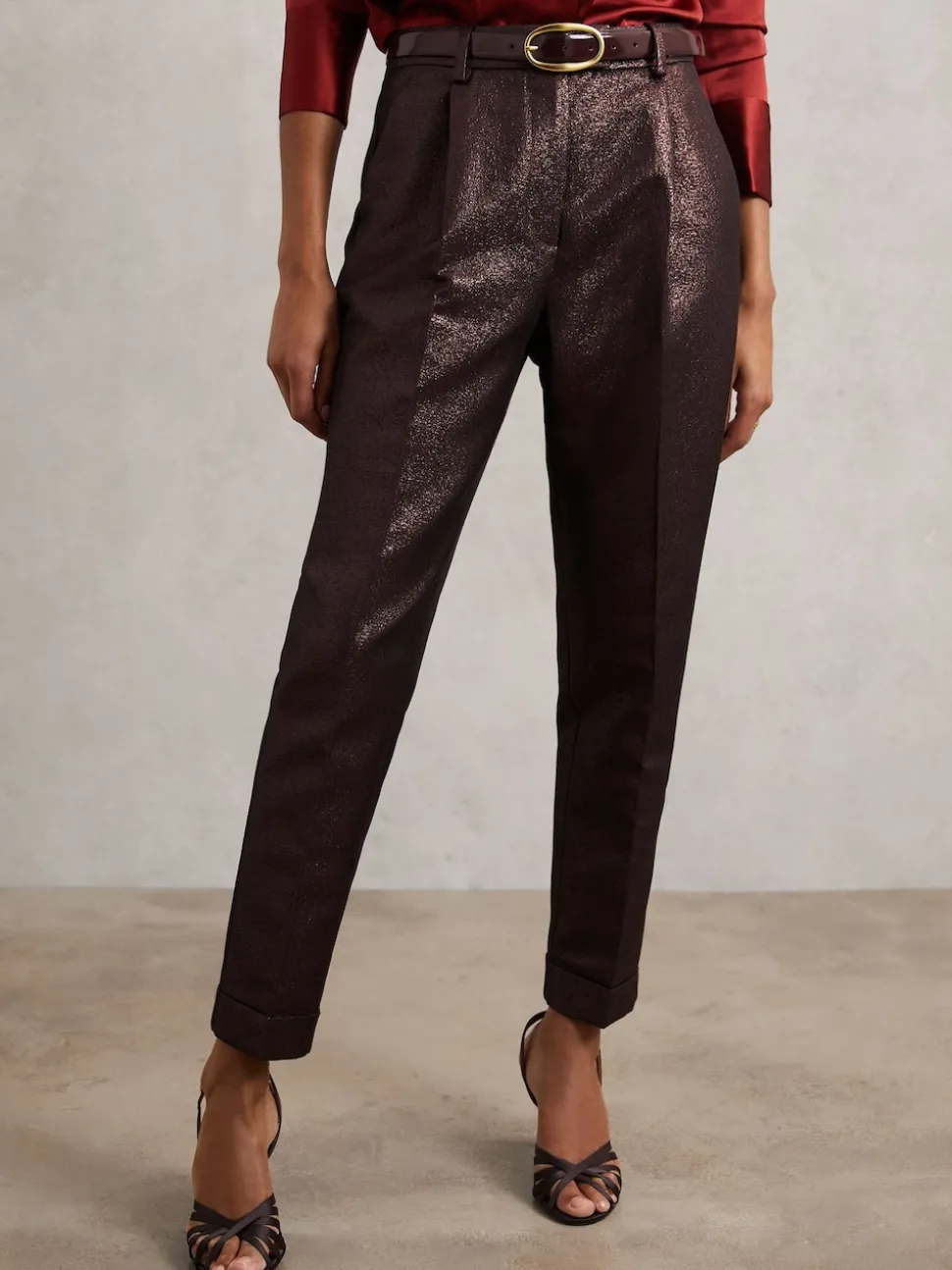 Reiss Burgundy Sienna Tapered Metallic Suit Trousers with Cotton
