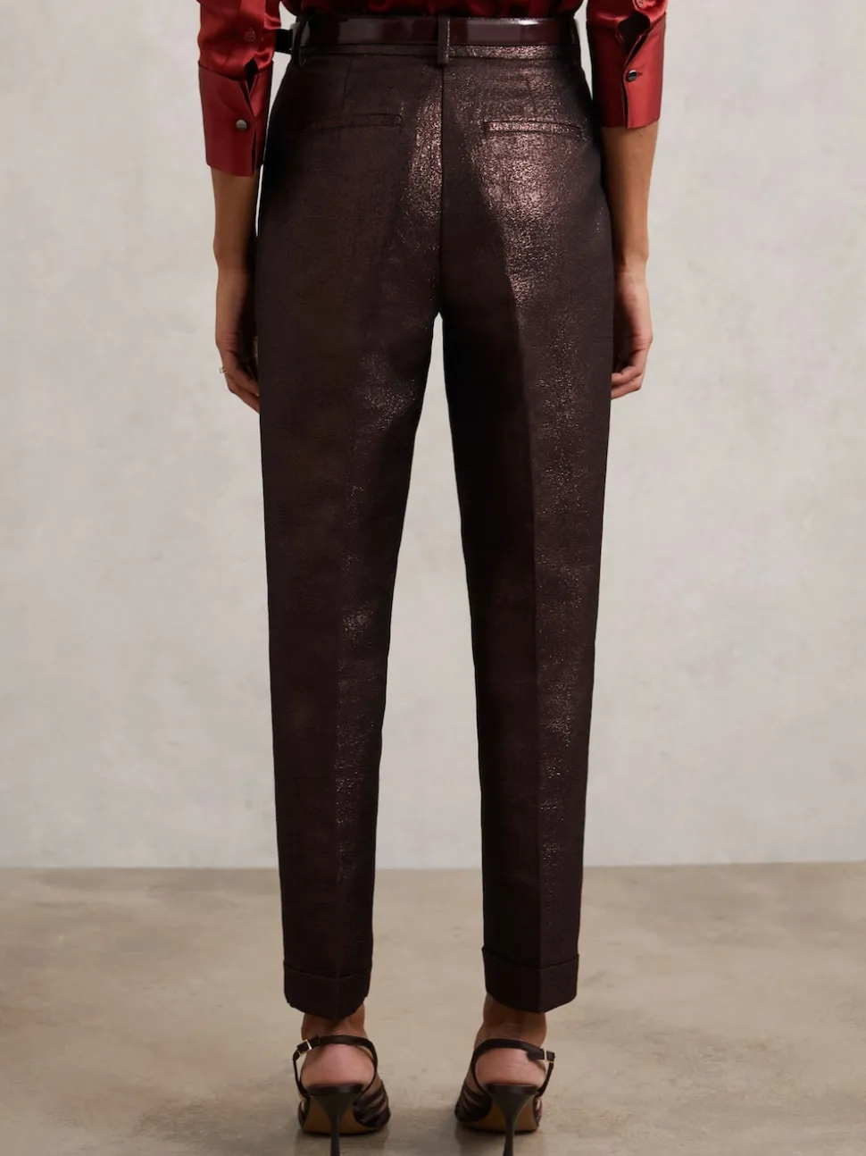 Reiss Burgundy Sienna Tapered Metallic Suit Trousers with Cotton