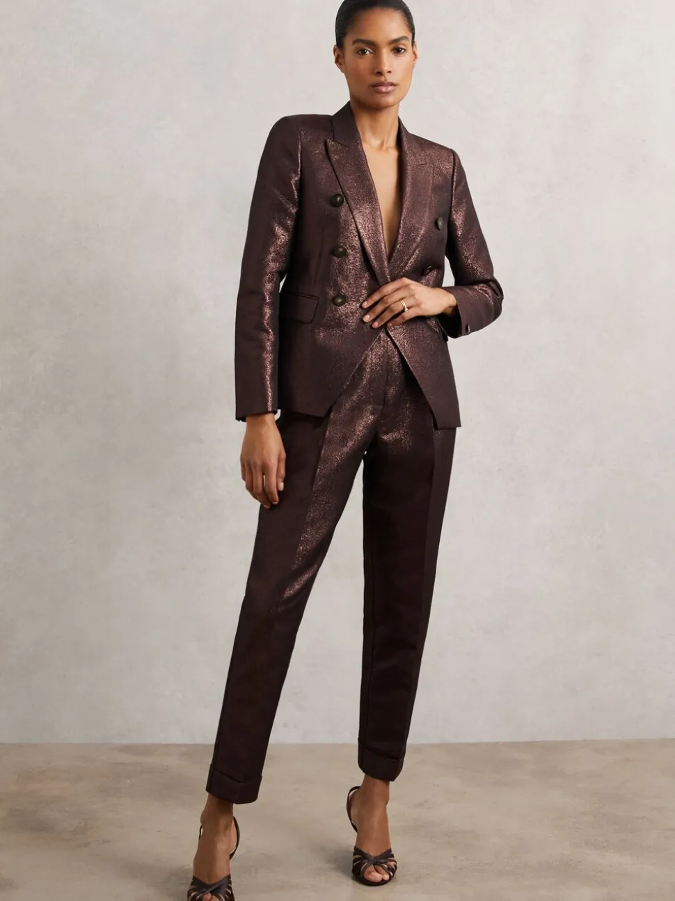 Reiss Burgundy Sienna Tapered Metallic Suit Trousers with Cotton