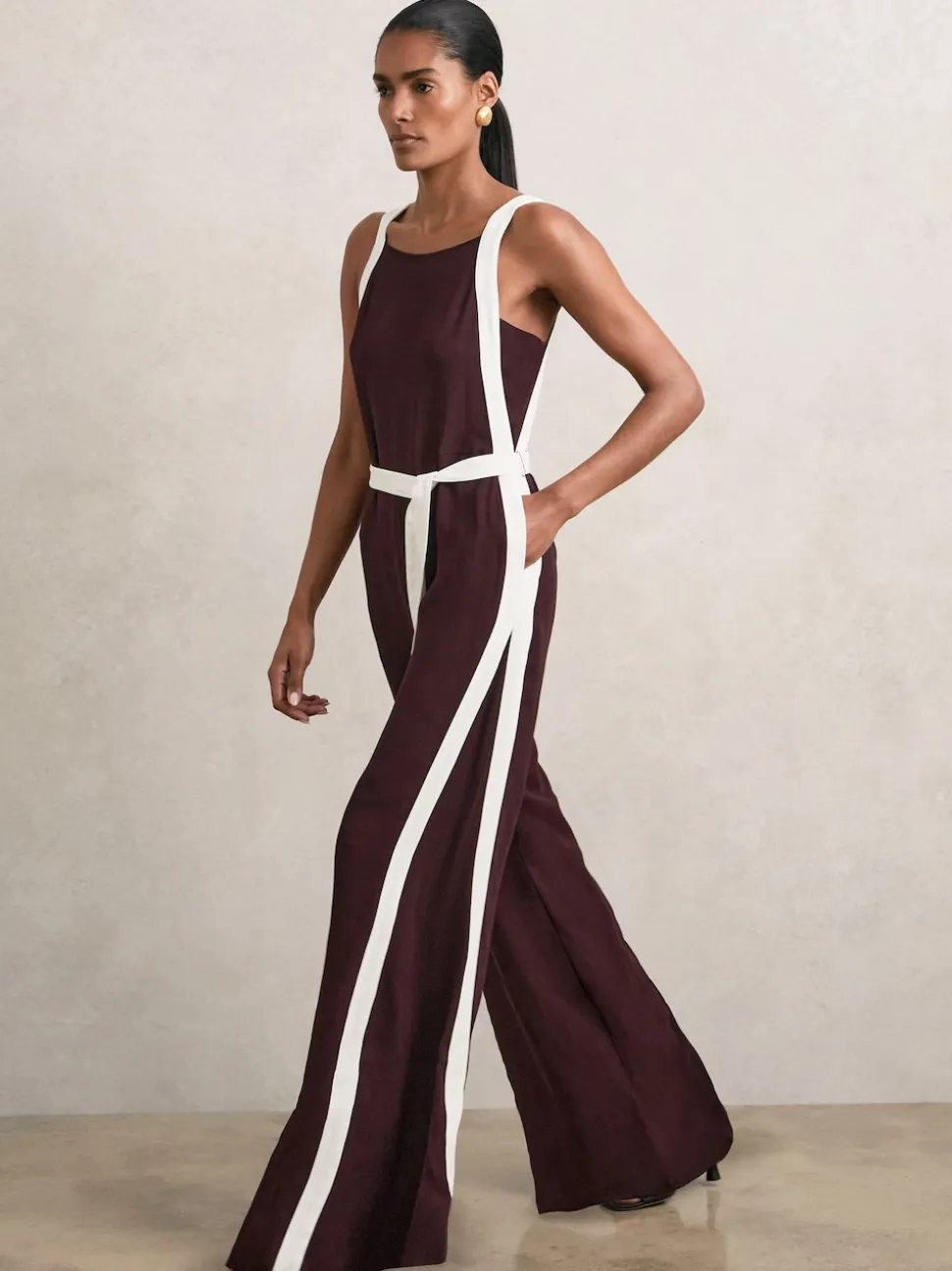 Reiss Burgundy/Cream Salma Petite Colourblock Wide Leg Belted Jumpsuit