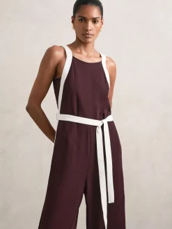 Reiss Burgundy/Cream Salma Petite Colourblock Wide Leg Belted Jumpsuit