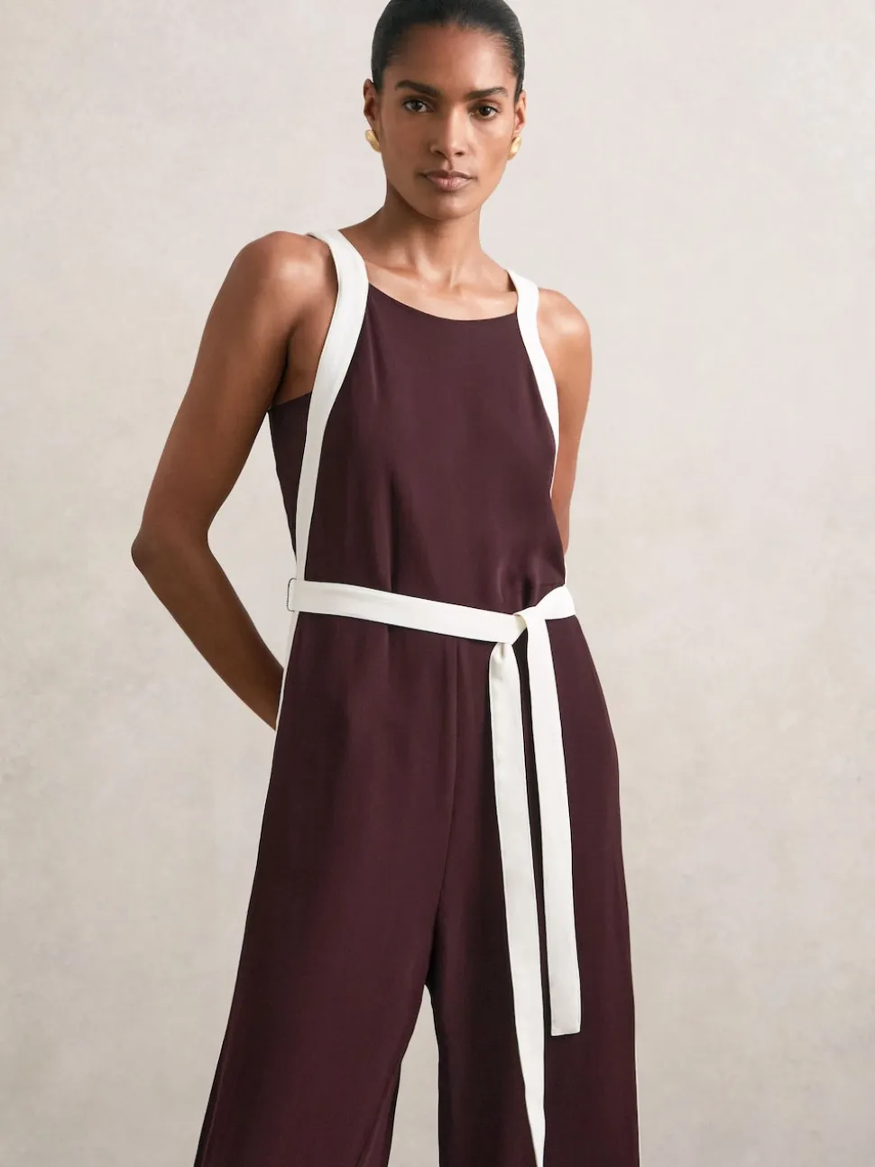Reiss Burgundy/Cream Salma Petite Colourblock Wide Leg Belted Jumpsuit