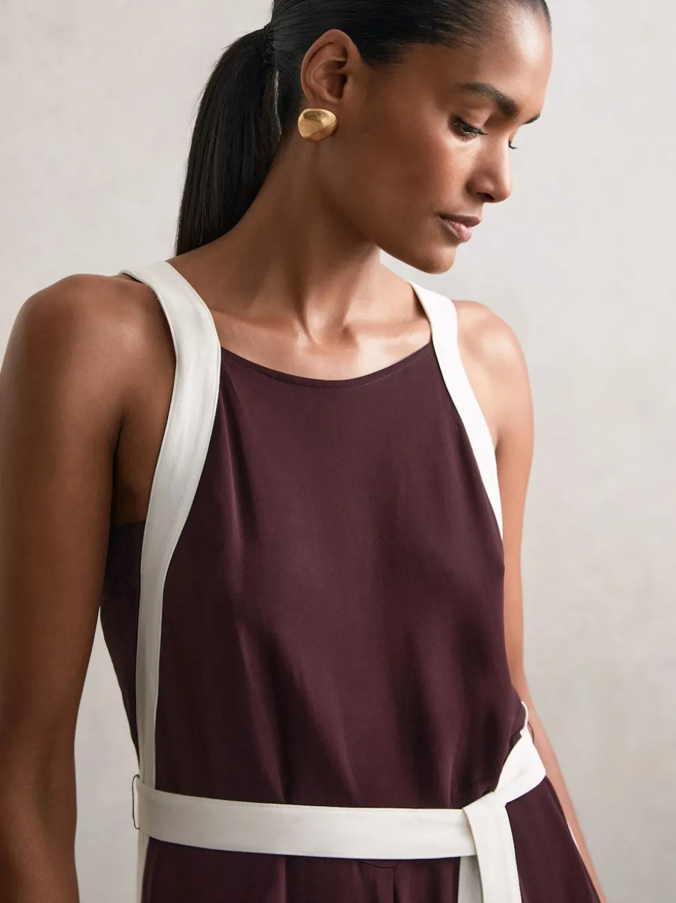 Reiss Burgundy/Cream Salma Petite Colourblock Wide Leg Belted Jumpsuit