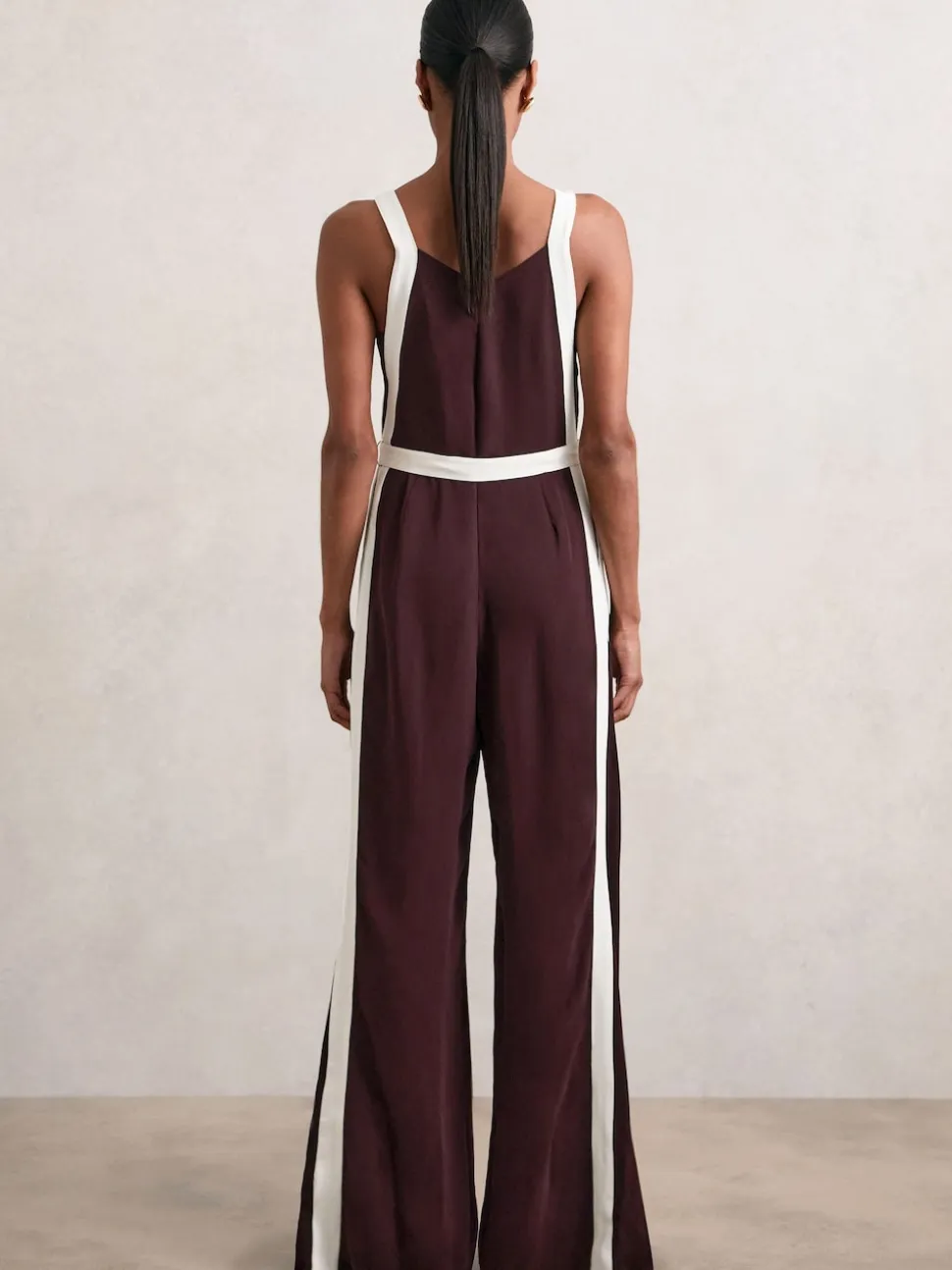 Reiss Burgundy/Cream Salma Petite Colourblock Wide Leg Belted Jumpsuit