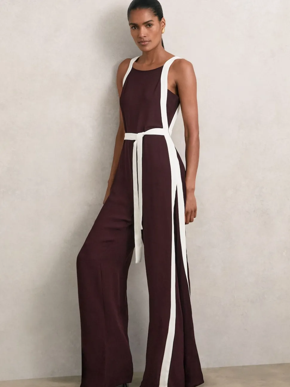 Reiss Burgundy/Cream Salma Colourblock Wide Leg Belted Jumpsuit