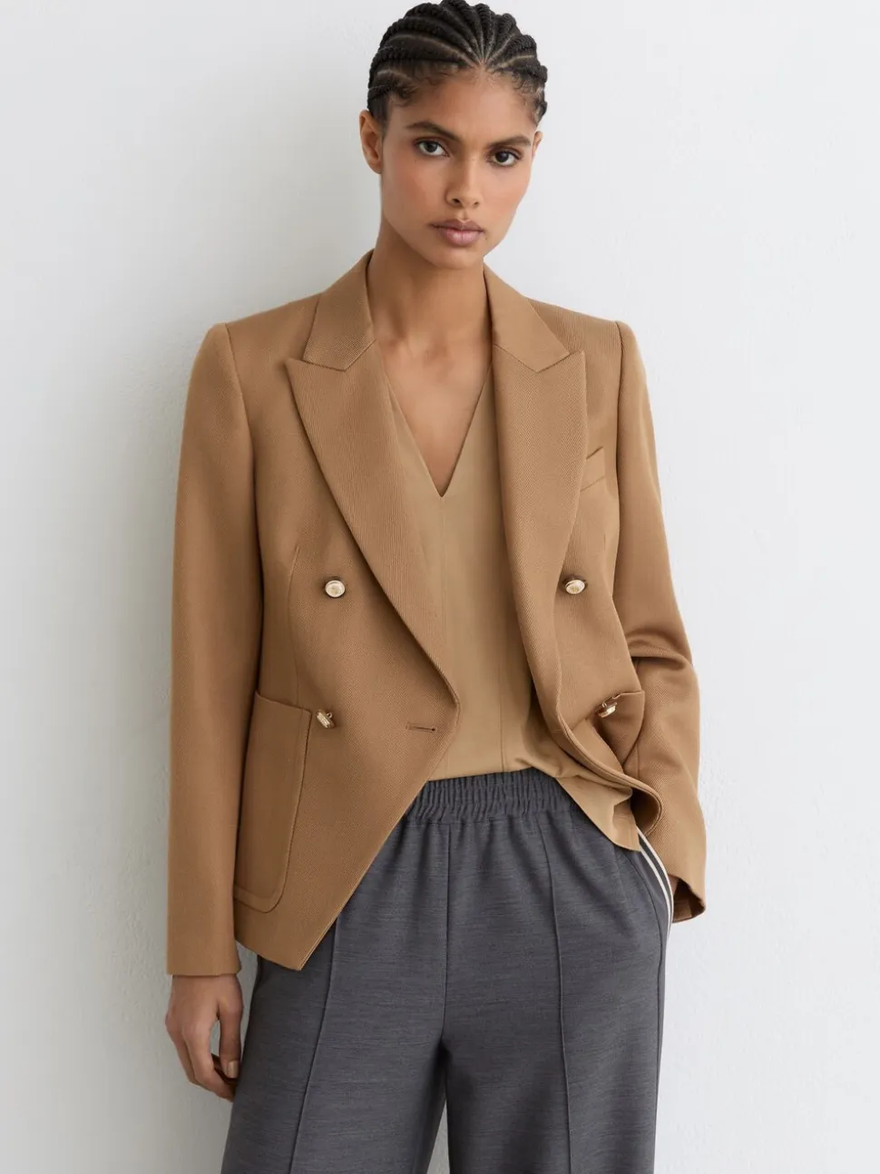 Reiss Camel Gigi Wool-Blend Double-Breasted Blazer
