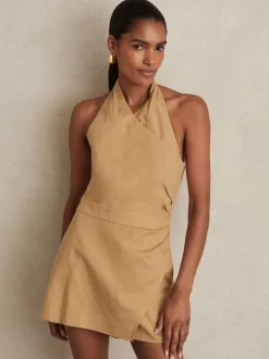 Reiss Camel Pia Lyocell Cotton Halter Skort Playsuit