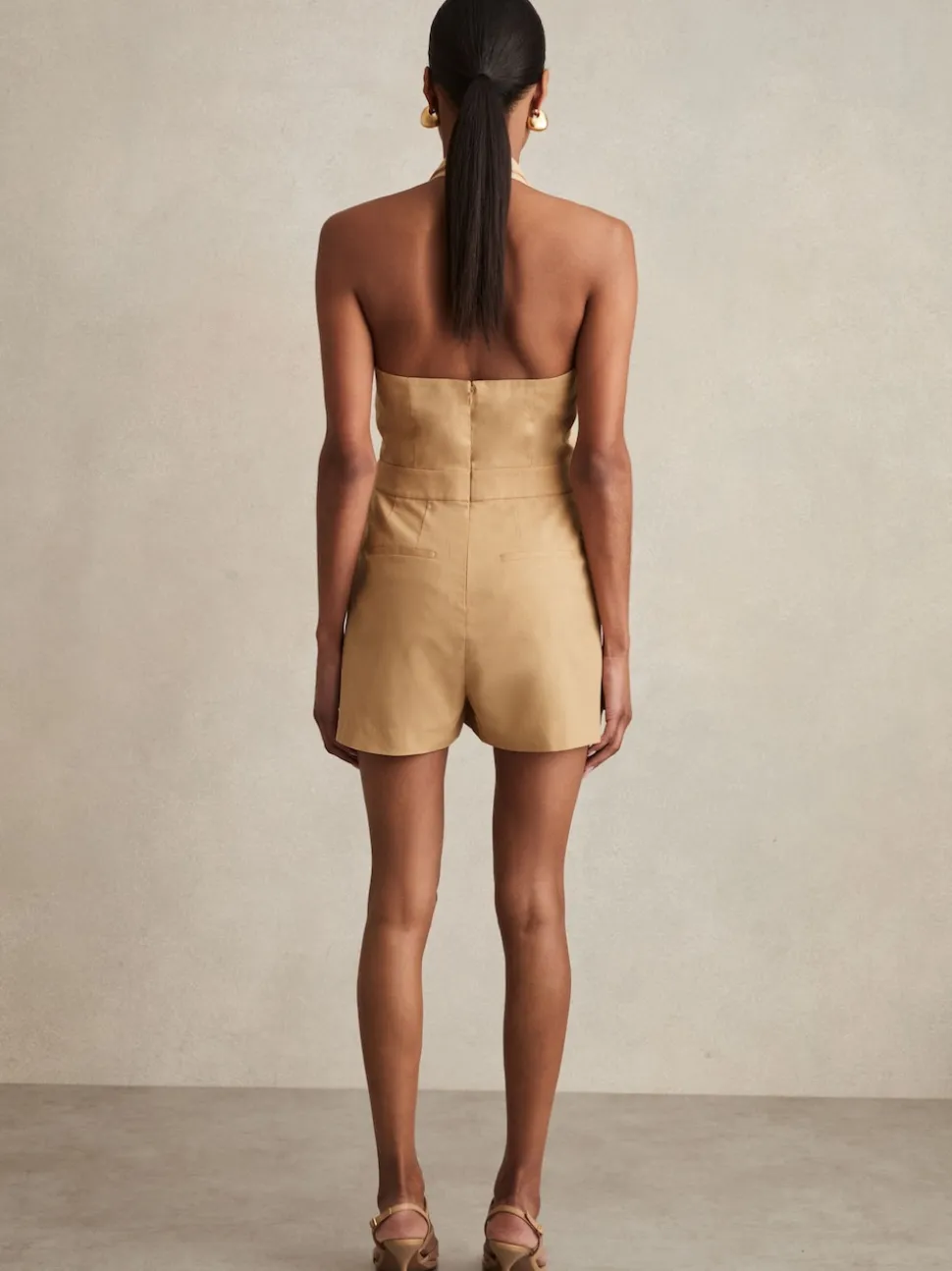 Reiss Camel Pia Lyocell Cotton Halter Skort Playsuit
