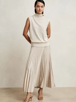 Reiss Champagne Neutral Seren Pleated Midi Skirt