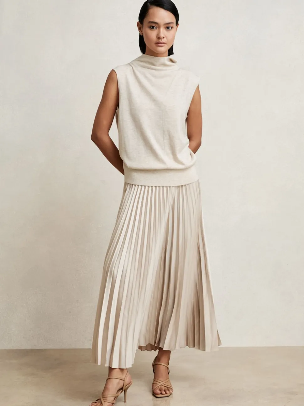 Reiss Champagne Neutral Seren Pleated Midi Skirt