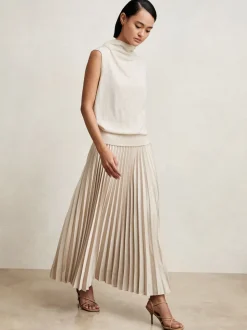 Reiss Champagne Neutral Seren Pleated Midi Skirt