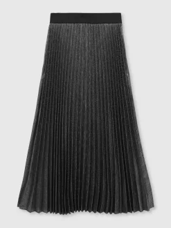 Reiss Charcoal Grey Taylor Metallic Pleated Midi Skirt