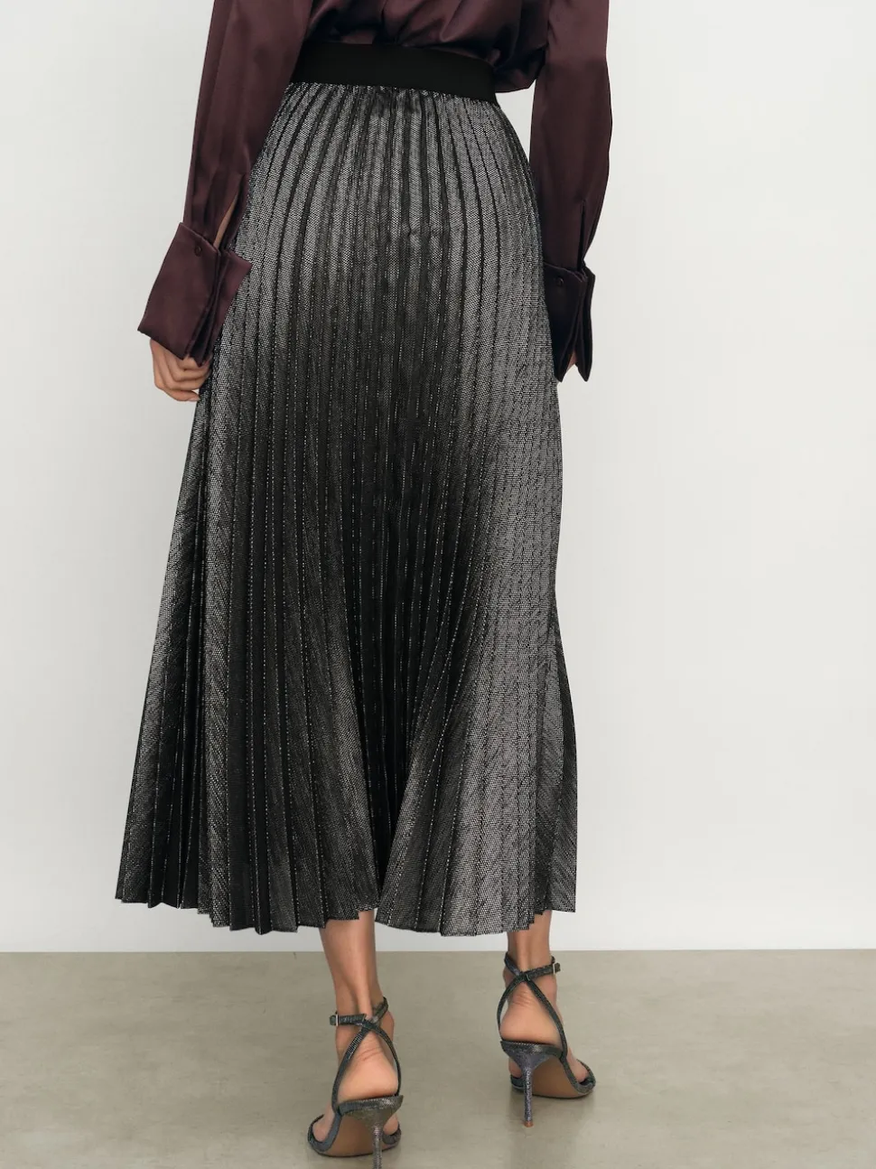 Reiss Charcoal Grey Taylor Metallic Pleated Midi Skirt