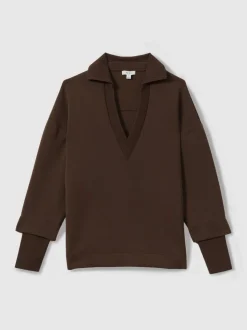 Reiss Chocolate Bernie Premium Interlock Open-Collar Sweatshirt