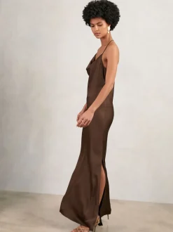 Reiss Chocolate Brown Maisley Satin Cowl-Neck Slip Dress