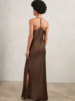 Reiss Chocolate Brown Maisley Satin Cowl-Neck Slip Dress