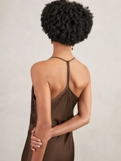 Reiss Chocolate Brown Maisley Satin Cowl-Neck Slip Dress