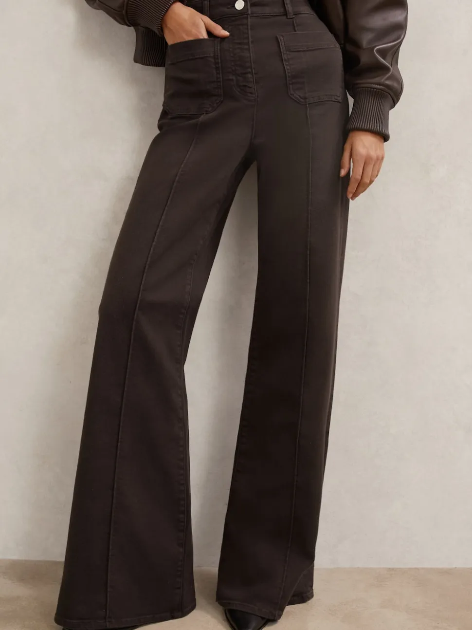 Reiss Chocolate Brown Sakura Petite Patch-Pocket Flared Jeans