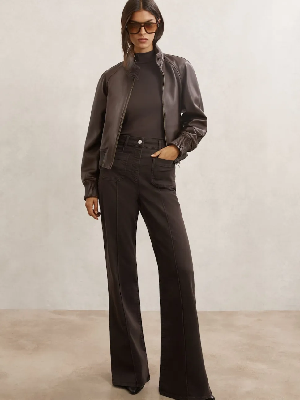 Reiss Chocolate Brown Sakura Petite Patch-Pocket Flared Jeans