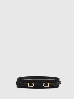 Reiss Chocolate Petula Suede Double-Buckle Corset Waist Belt