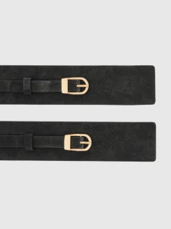 Reiss Chocolate Petula Suede Double-Buckle Corset Waist Belt