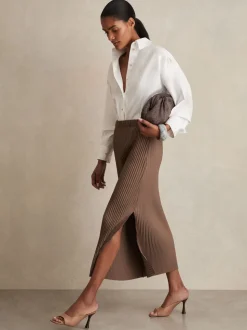 Reiss Chocolate Pippa Pleated Jersey Midi Skirt