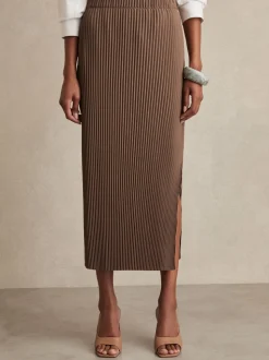 Reiss Chocolate Pippa Pleated Jersey Midi Skirt