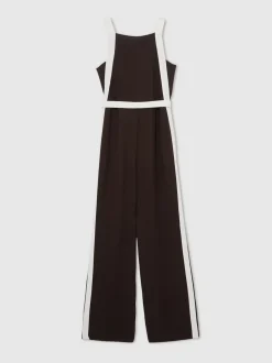 Reiss Chocolate/Cream Salma Colourblock Wide Leg Belted Jumpsuit