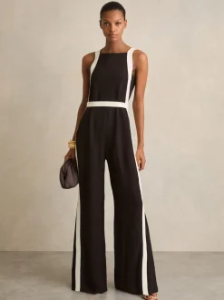 Reiss Chocolate/Cream Salma Colourblock Wide Leg Belted Jumpsuit