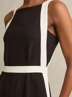 Reiss Chocolate/Cream Salma Colourblock Wide Leg Belted Jumpsuit