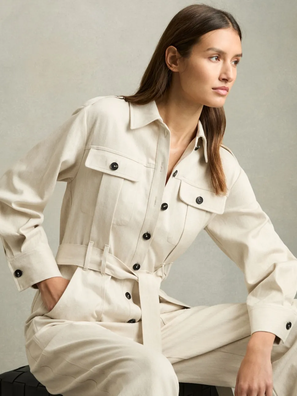 Reiss Cream Anais Wide Leg Utility Jumpsuit
