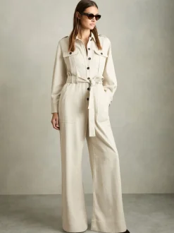 Reiss Cream Anais Wide Leg Utility Jumpsuit