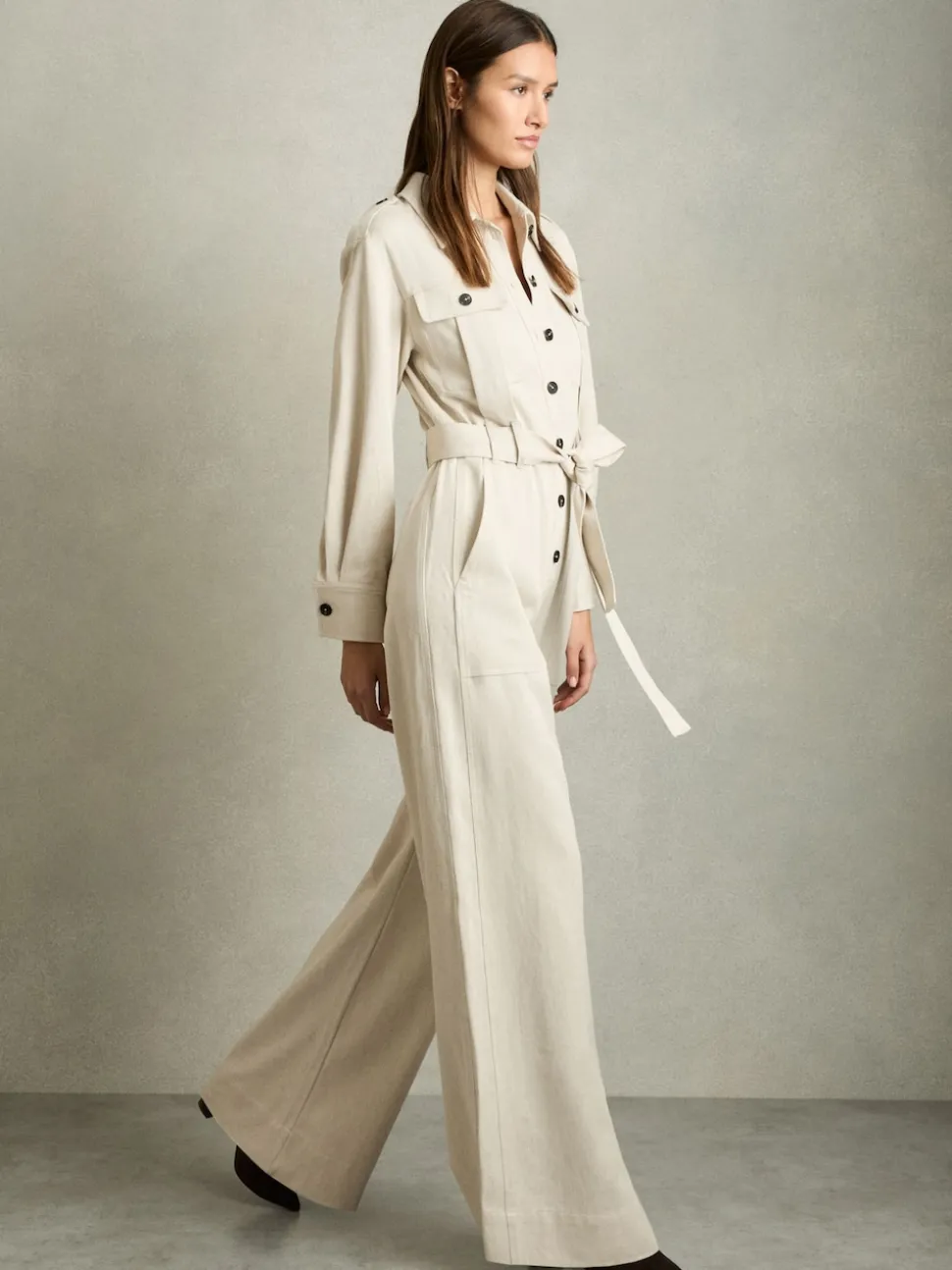 Reiss Cream Anais Wide Leg Utility Jumpsuit