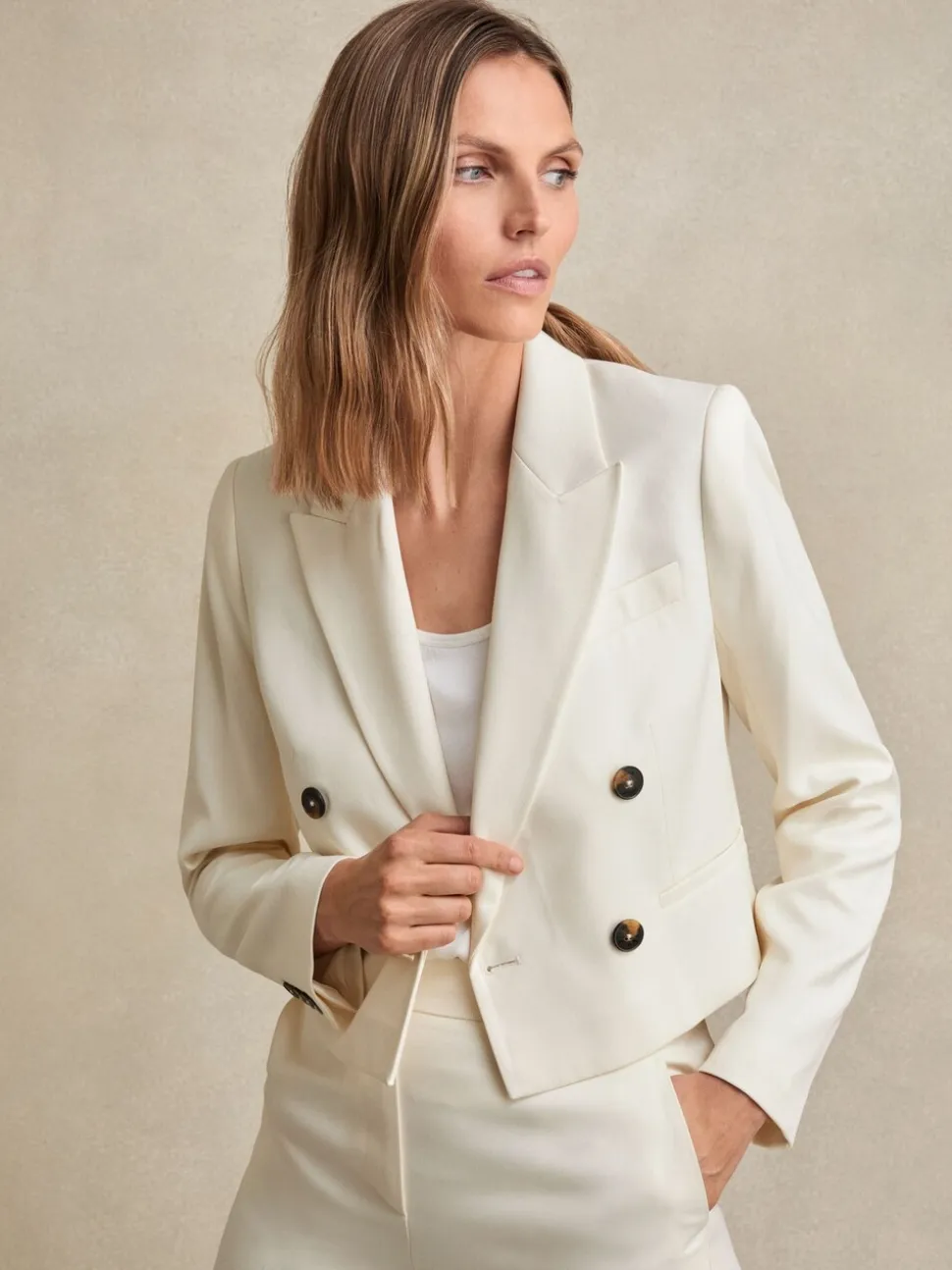 Reiss Cream Millie Double-Breasted Cropped Blazer