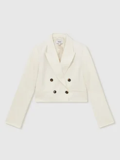 Reiss Cream Millie Double-Breasted Cropped Blazer